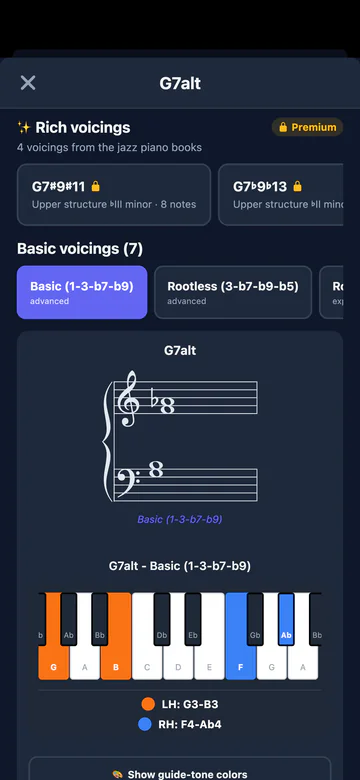 The Jazz Chords Encyclopedia on G7alt: the Rich voicings row marked Premium, and a voicing written on the staff and drawn on the keyboard.