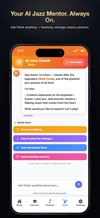 Chat with Chick, the AI jazz coach, inside Jazz Piano Master