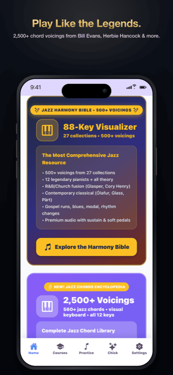Chord encyclopedia with voicings from named jazz pianists