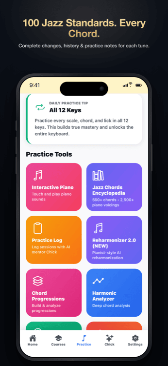 Jazz standards library with complete chord changes