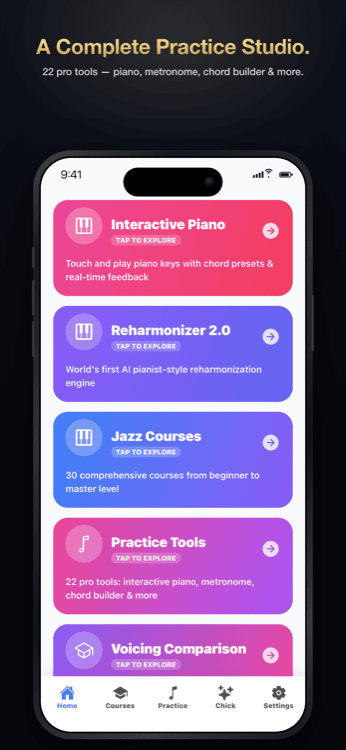 Jazz Piano Master practice studio with keyboard and tools